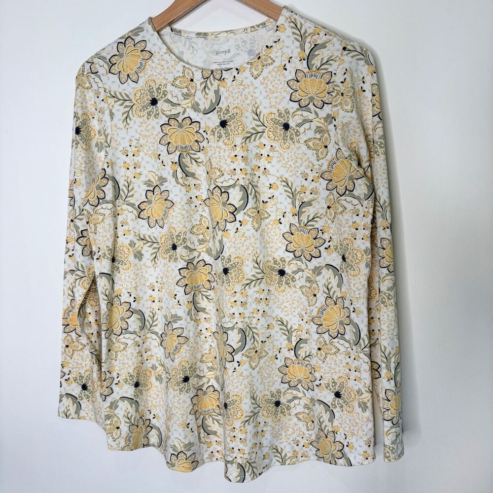 J Jill Pure Jill Long Sleeve Shirttail Tee Pima Cotton Paisley Yellow Women S